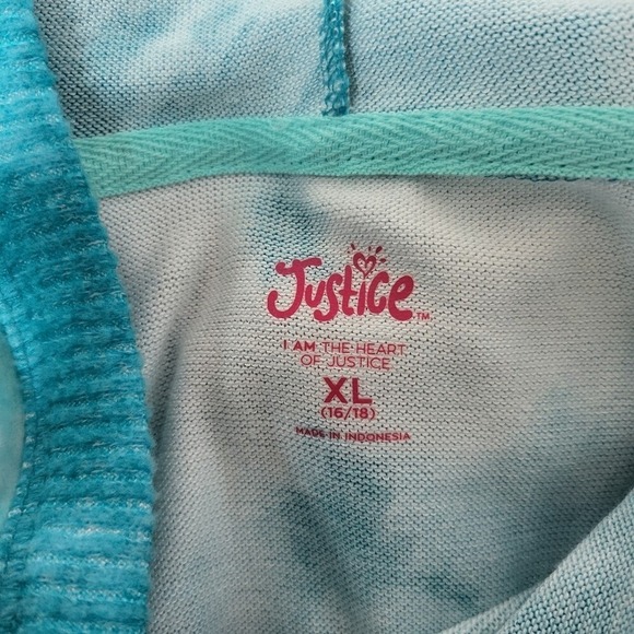 JUSTICE Girls Tie Dye Pullover Hoodie Top Silver Graphic Drawstring Hem Size XL - Picture 6 of 7